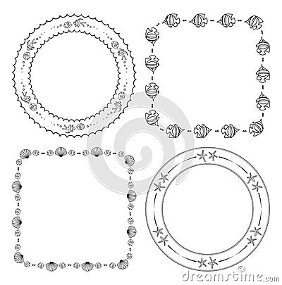 Round and quadrate frames with fish and seashells - vector set Vector Illustration