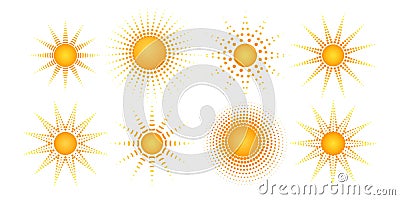 Round radial halftone dot of the sun shape Sunny pattern of orange dots spots rays on a white background Set Logo design element Vector Illustration