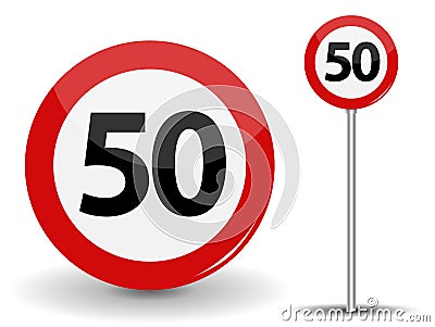Round Red Road Sign Speed limit 50 kilometers per hour. Vector Illustration. Vector Illustration