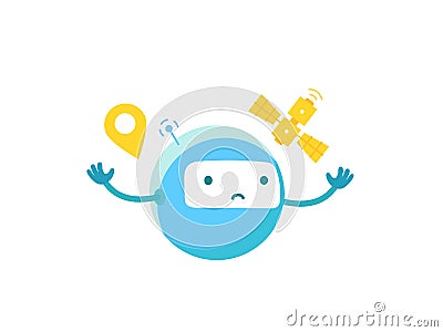 Round robot. GPS satellite is lost. Character. lost signal cannot find track. Cartoon vector. Vector Illustration