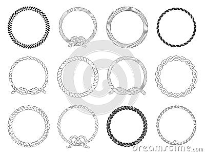 Round rope frame. Circle ropes, rounded border and decorative marine cable frame circles isolated vector set Vector Illustration