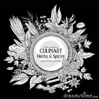 Round rope frame surrounded by culinary herbs and spices on black background Vector Illustration