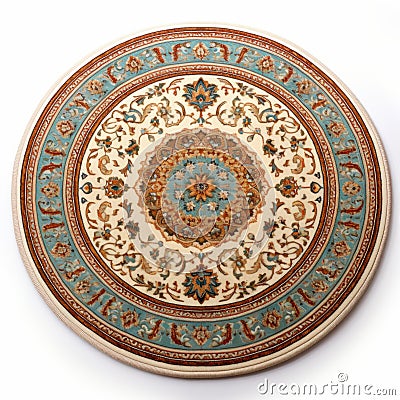 Ornate Byzantine Art Round Rug In Light Beige And Turquoise Stock Photo