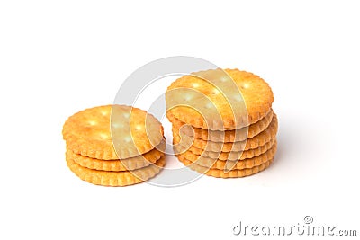 Round salted cracker cookies stacked isolated on white background Stock Photo