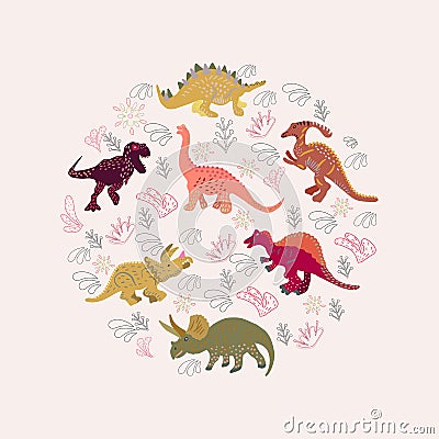Round shape with colourful dinosaurs Vector Illustration