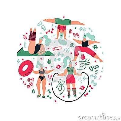 Round shape composition Women doing sports.Poses of yoga, exercises for health, fitness, swimming. Cute girls flat illustration. Cartoon Illustration