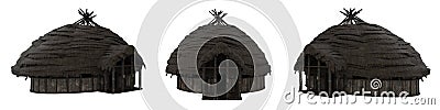 Round shaped medieval building with thatched roof. 3D rendering with 3 views isolated on white with clipping path Cartoon Illustration
