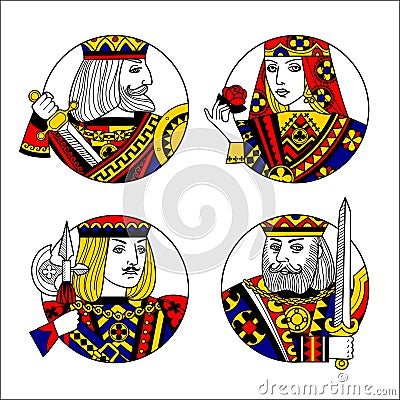 Round shapes with faces of playing cards characters Vector Illustration
