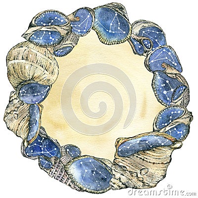 Round shell frame with stars and sand. Watercolor illustration. Cartoon Illustration