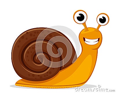 Round shell snail crawls and smiles on a white. Character Stock Photo