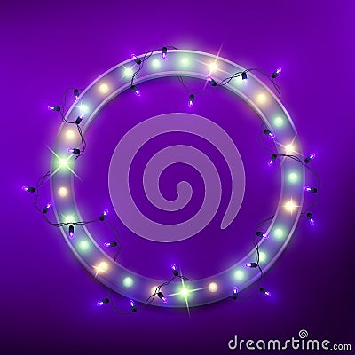 Round shiny retro billboard frame with neon led lights, holiday, Mardi Gras, vector illustration Vector Illustration