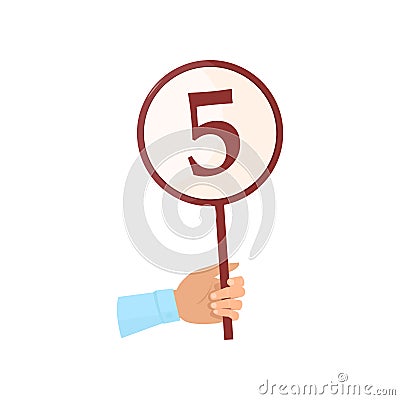 Round sign board in man hand with number five Vector Illustration