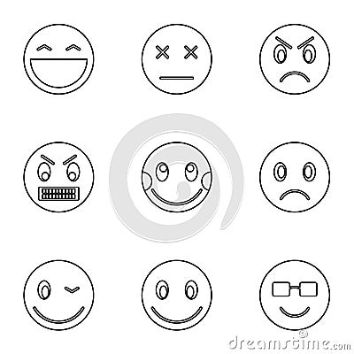 Round smileys icons set, outline style Vector Illustration