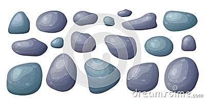 Round smooth pebble stone collection. Organic shape rock isolated. Various form of beach blob, splat. Ocean set vector Vector Illustration