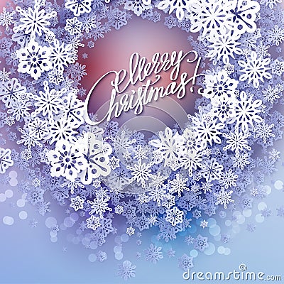 Round snow frame with Merry Christmas text. Vector Illustration