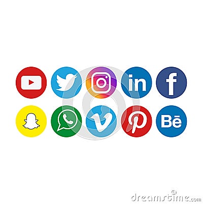 Round social media icons or social network logos flat vector icon set. Collection for apps and websites Vector Illustration