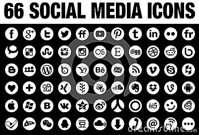 66 Round Social Media Icons white Vector Illustration
