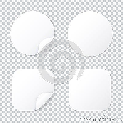 Round and square sticker with bent corner, white patches template isolated with shadow, sticky price tag or promo label Vector Illustration