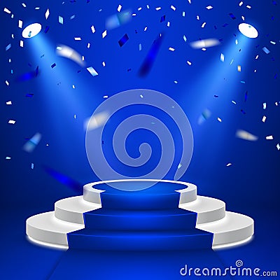 Round stage podium. Stage vector backdrop. Festive podium scene with blue carpet and confetti for award ceremony. Vector Vector Illustration