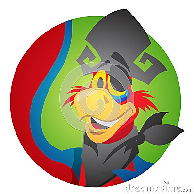 Round sticker with the image of a cheerful parrot in a pirate hat and eye patch. Cartoon illustration for gaming mobile Vector Illustration