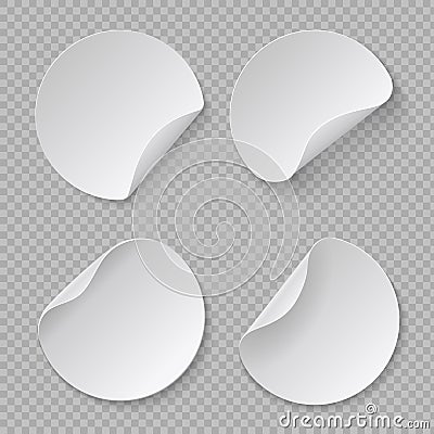 Round sticker mockup. White circle price tag, blank adhesive fold paper, cardboard banner template. Vector realistic Vector Illustration