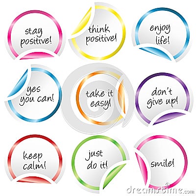 Round stickers with curled corners with positive messages Vector Illustration