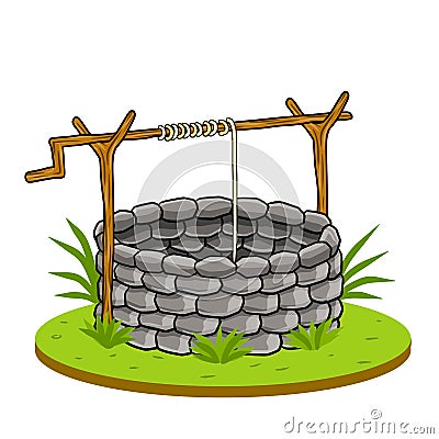 Round stone well for water extraction. Element of the countryside Vector Illustration