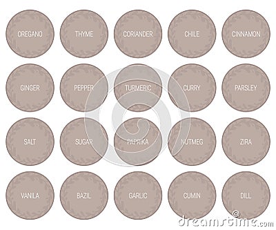 Round stylish gray spice labels, kitchen stickers Vector Illustration