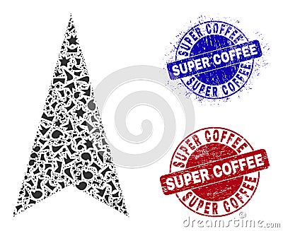 Arrowhead Up Mosaic of Debris with Super Coffee Distress Seals Vector Illustration