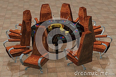 Round table with chairs around. There is a question mark on the table. A symbol of unsolvable problems or unwillingness to solve Stock Photo