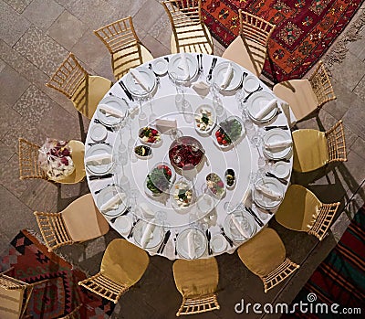 Round table with food, top view. High Angle View of serving restaurant food table Stock Photo