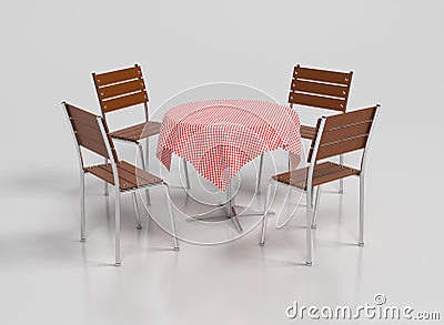 Round table with four wooden chairs. Cafe interior. 3d rendering illustration Cartoon Illustration