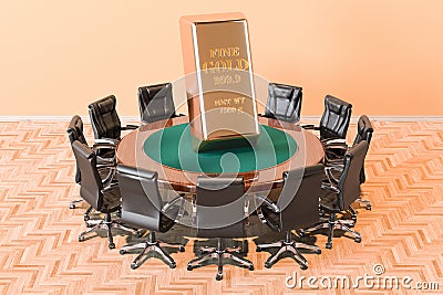 Round table with gold bar and armchairs around, 3D rendering Stock Photo