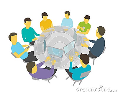 Round-table talks. Group of people students team having meeting conference. White background stock illustration vector Vector Illustration