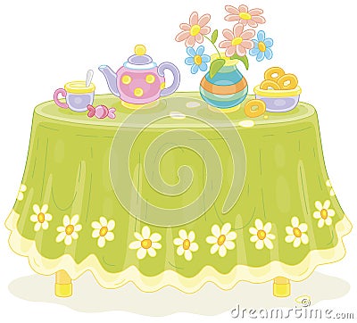 Round table with a tea set and flowers Vector Illustration