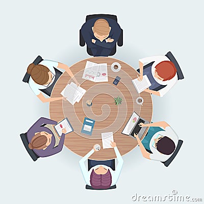 Round table top view. Business people sitting meeting corporate workspace brainstorming working team vector illustration Vector Illustration