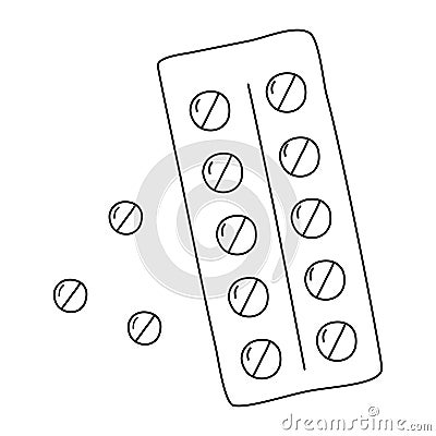 Round tablets or pills with divider in blister package, flat vector outline for coloring book Vector Illustration