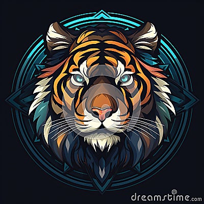 round tattoo logo symbol with tiger face on black background Stock Photo