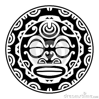 Round tattoo ornament with sun face maori african aztec maya style Vector Illustration