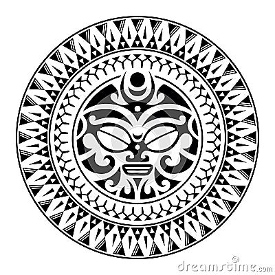Round tattoo ornament with sun face maori style. African, aztecs or mayan ethnic mask. Vector Illustration