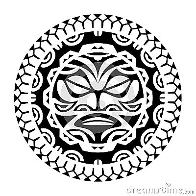 Round tattoo ornament with sun face maori style Vector Illustration