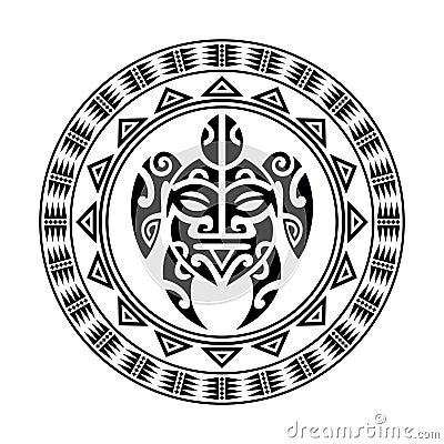 Round tattoo ornament with turtle maori style. African, aztecs or mayan ethnic style. Vector Illustration