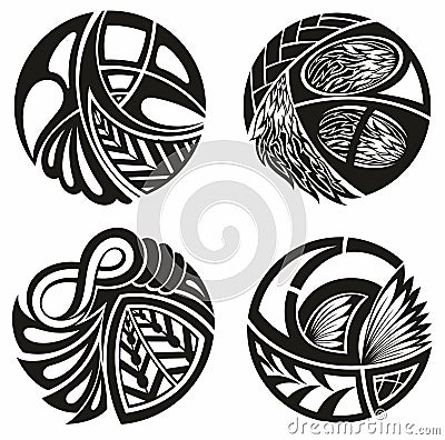 Round tattoos set. Icons of round tribal designs Vector Illustration