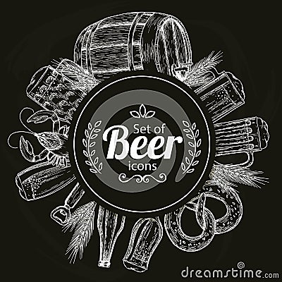 Round template with beer icons on black background Vector Illustration