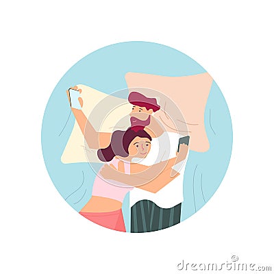 Round template with Young Pair of lovers are lying in the bed Vector Illustration