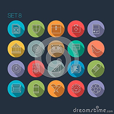 Round Thin Icon with Shadow Set 8 Vector Illustration