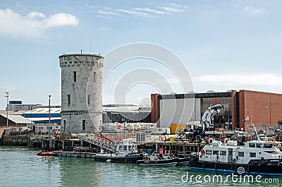Round Tower at Royal Navy Base, Portsmouth Harbour Editorial Stock Photo