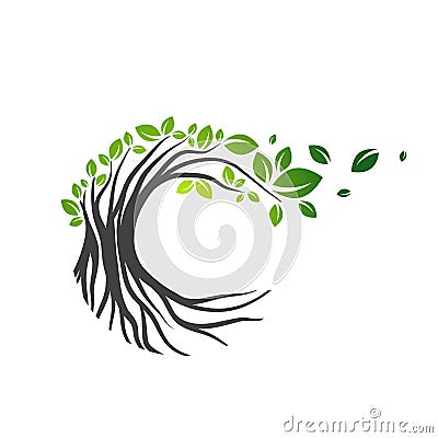 Round Tree With Flying Leaves Vector Illustration