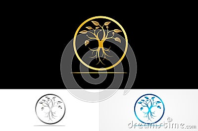Round tree gold logo Vector Illustration