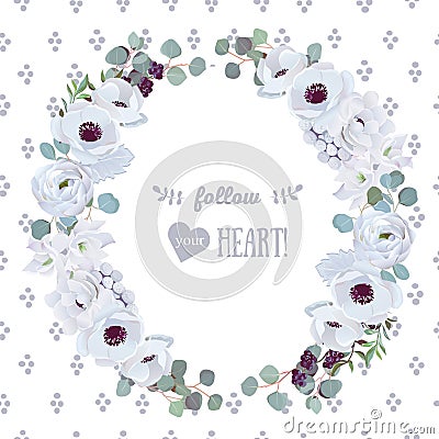 Round vector frame with textured backdrop. Anemone, brunia, ranunculus, rose, white flowers and eucaliptus leaves Vector Illustration